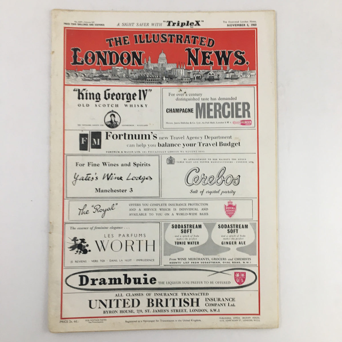 Back cover of The Illustrated London News, November 5, 1960, showcasing various advertisements, including King George IV Scotch Whisky and Fortune's travel agency.