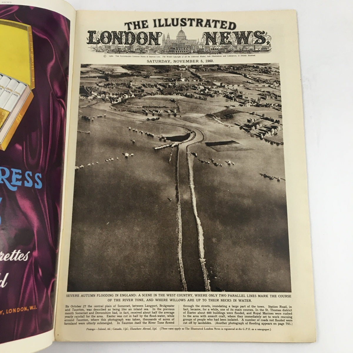 Cover of The Illustrated London News from November 5, 1960, featuring aerial view showing aftermath of severe autumn flooding in England.