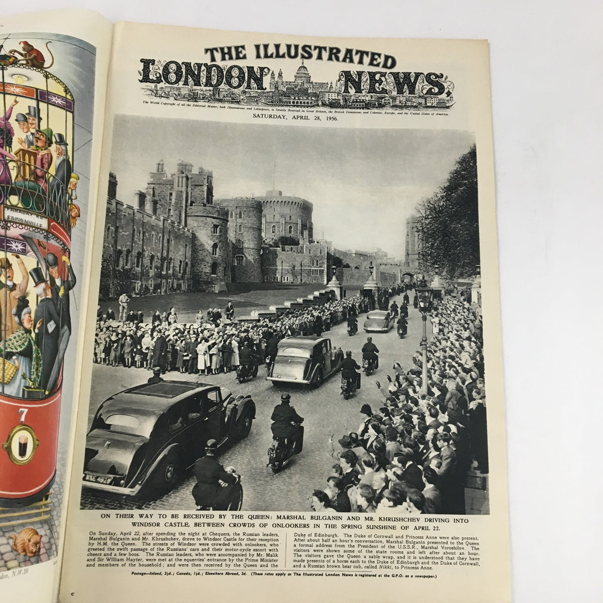 Illustrated London News April 28 1956 cover image featuring a historical event with Marshal Bulganin and Nikita Khrushchev arriving at Windsor Castle.