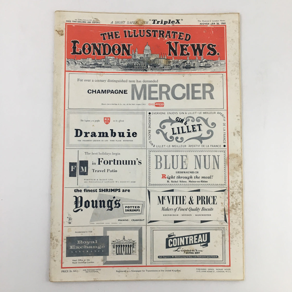 The Illustrated London News November 26, 1960 back cover showcasing various advertisements, reflecting the cultural and commercial landscape of the 1960s.