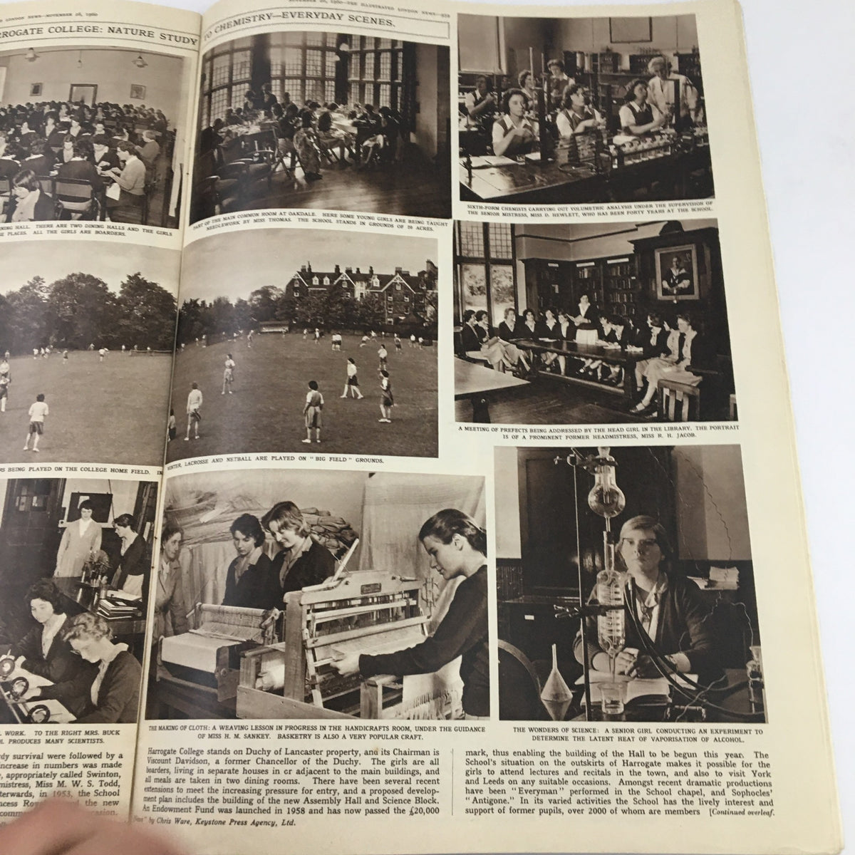 Page from The Illustrated London News November 26, 1960, featuring educational scenes from a college environment, illustrating science classes and student activities in the 1960s.