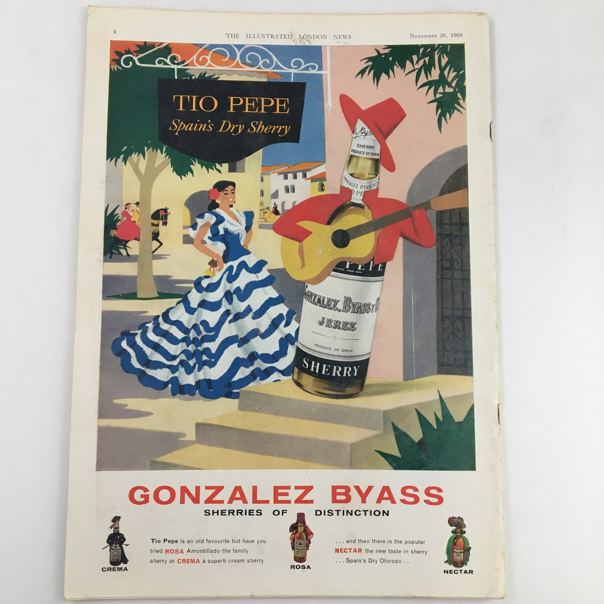 Cover of The Illustrated London News November 26, 1960, displaying an artistic advertisement for Tio Pepe's dry sherry, highlighting Spanish culture and marketing from that era.