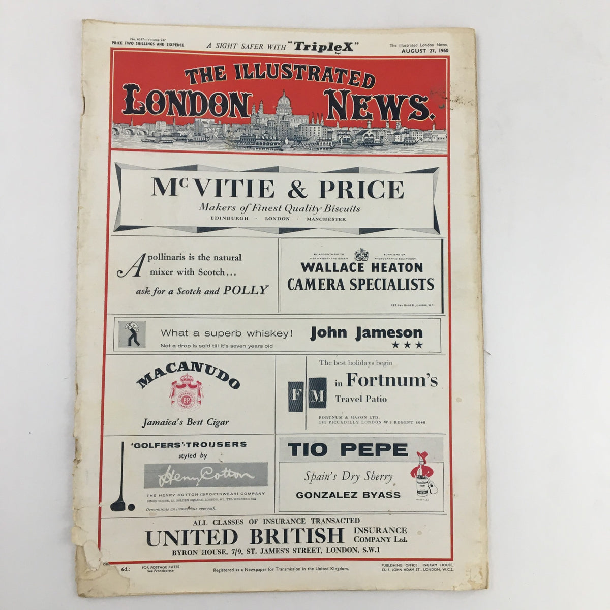 The Illustrated London News August 27 1960 front page advertisement layout, highlighting various products and services available during the era.