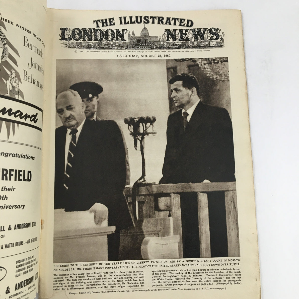The Illustrated London News August 27 1960 cover featuring Mr. Francis Gary Powers at his military trial, showcasing a historical moment in Cold War history.