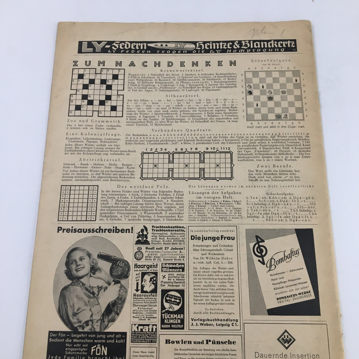 Back cover of Illustrirte Zeitung Leipzig Magazine, August 18, 1938, featuring various advertisements and crossword puzzles.