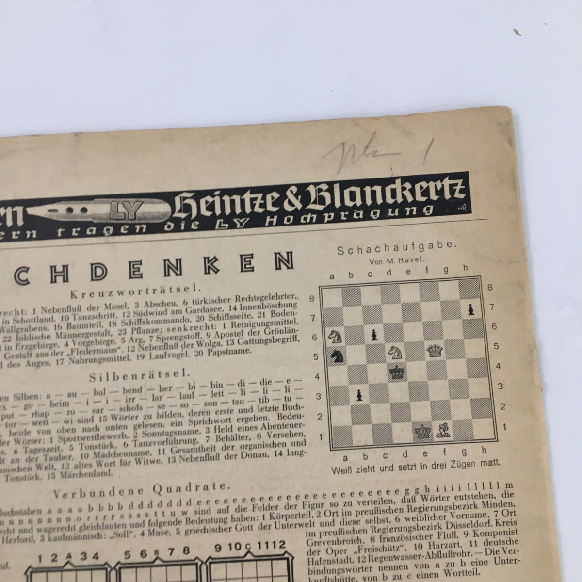 Illustrirte Zeitung Leipzig Magazine August 18 1938 page featuring crossword puzzles and a chess problem, with intricate typography and illustrations, depicting 1930s cultural context.