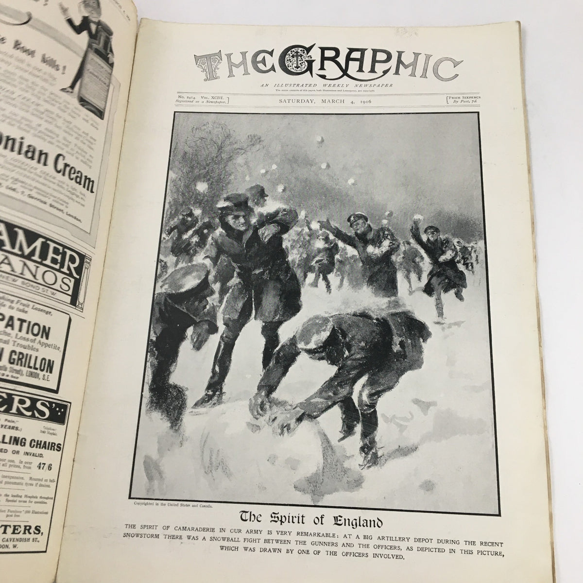 Front cover of VTG The Graphic Newspaper March 4 1916 featuring an art illustration titled 'The Spirit of England' depicting soldiers in camaraderie during winter storms.