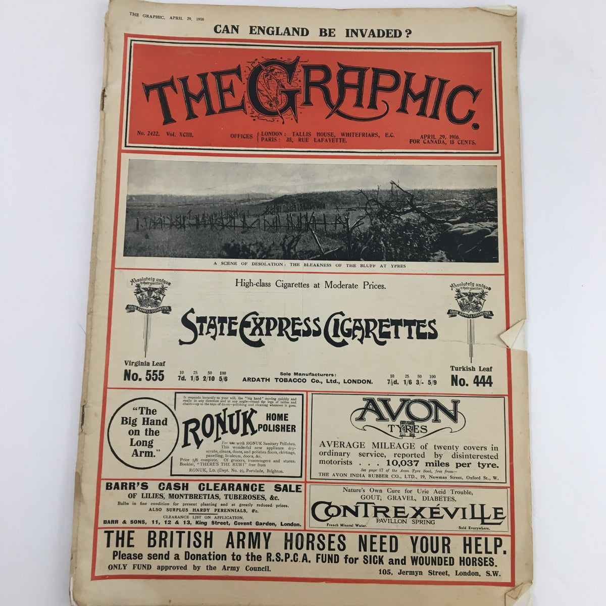 Cover page of VTG The Graphic Newspaper April 29 1916 featuring advertisements and a prominent headline asking 'Can England Be Invaded?' highlighting historical significance.
