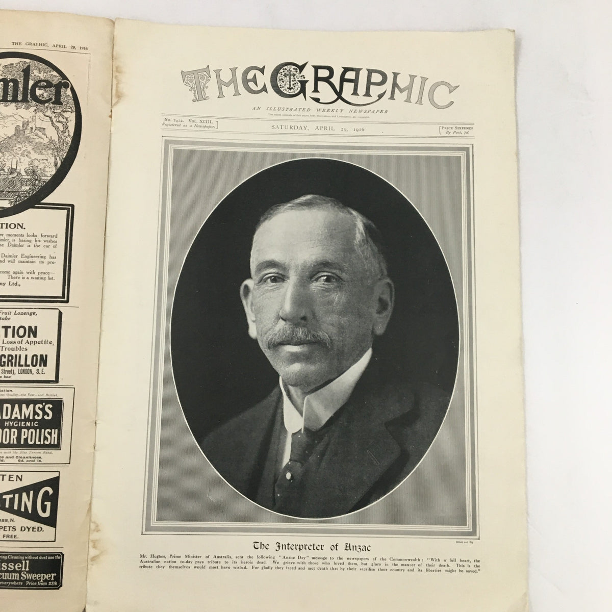 Cover of VTG The Graphic Newspaper dated April 29, 1916, featuring a portrait of Mr. Hughes, Prime Minister of Australia, showcasing early 20th-century journalism.