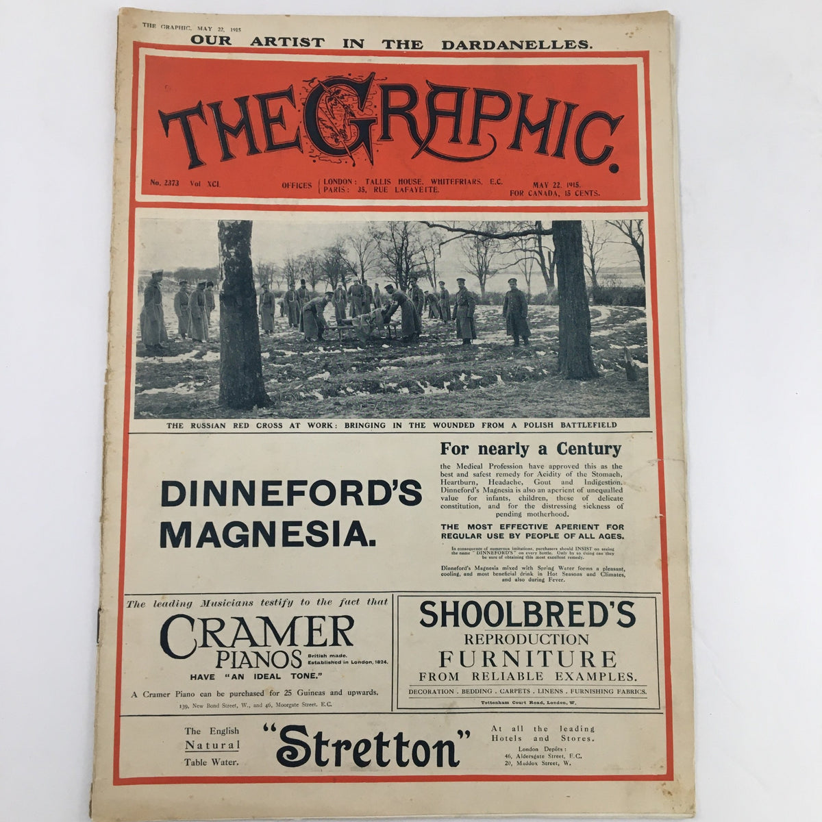 Front page of VTG The Graphic Newspaper, dated May 22, 1915, with the title highlighted and an image depicting Russian Red Cross workers helping in a battlefield.