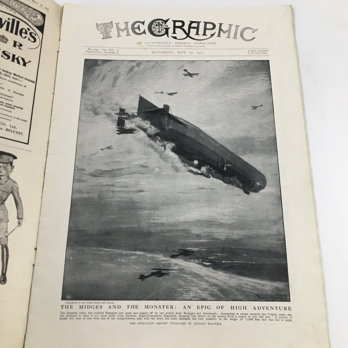 Cover of VTG The Graphic Newspaper dated May 22, 1915, featuring an illustration of an airship and the title 'The Midges and The Monster: An Epic of High Adventure'.