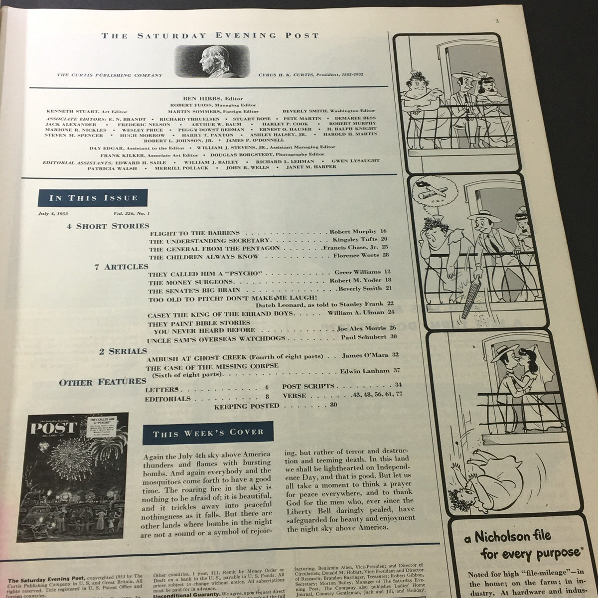 Inside page of VTG The Saturday Evening Post July 4 1953 showcasing the table of contents and articles including 'Ambush at Ghost Greeks.'