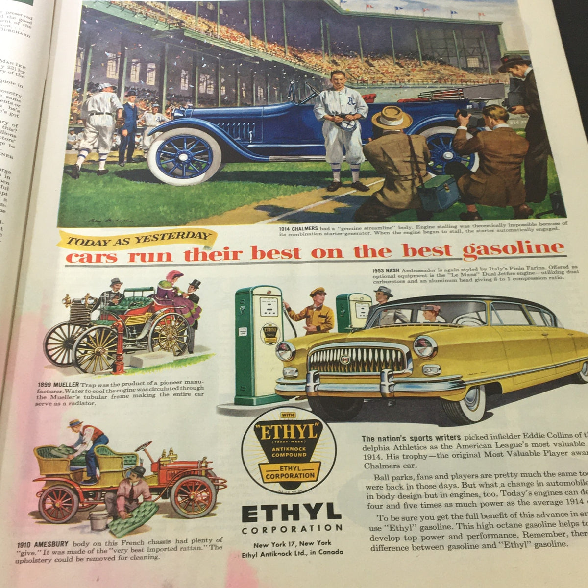 Historical advertisement from VTG The Saturday Evening Post July 4 1953 displaying the evolution of cars and the importance of Ethyl gasoline.