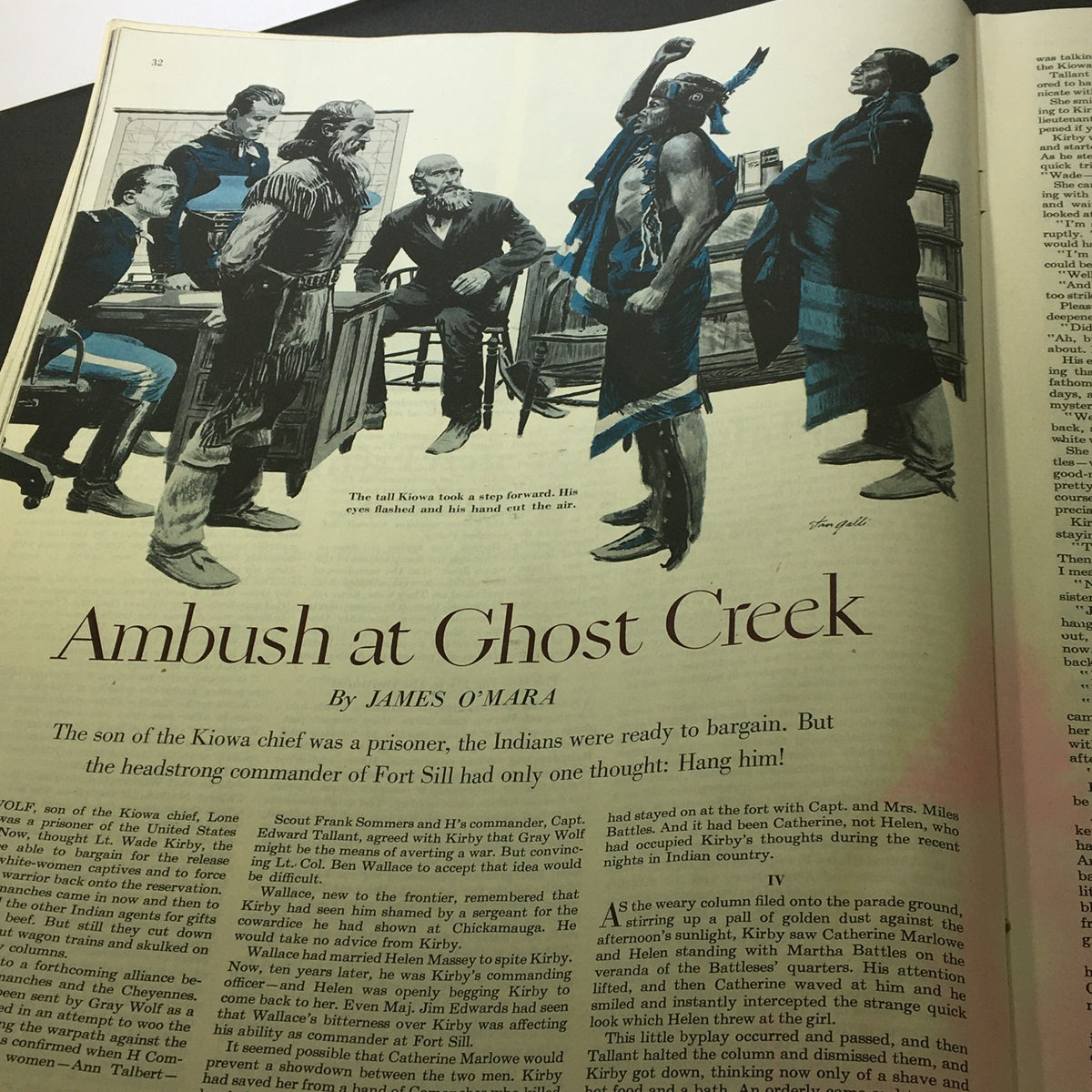 Illustration accompanying the article 'Ambush at Ghost Creek' in VTG The Saturday Evening Post July 4 1953, depicting a tense negotiation scene with Indigenous characters and military personnel.