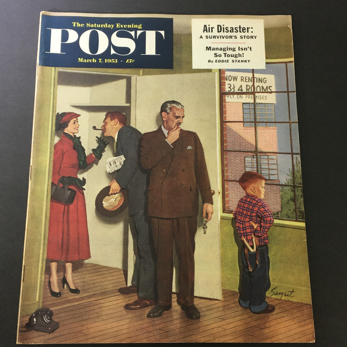 Vintage The Saturday Evening Post March 7, 1953 cover featuring an illustrative scene of a discussion among characters with the headline 'Air Disaster: A Survivor's Story'.