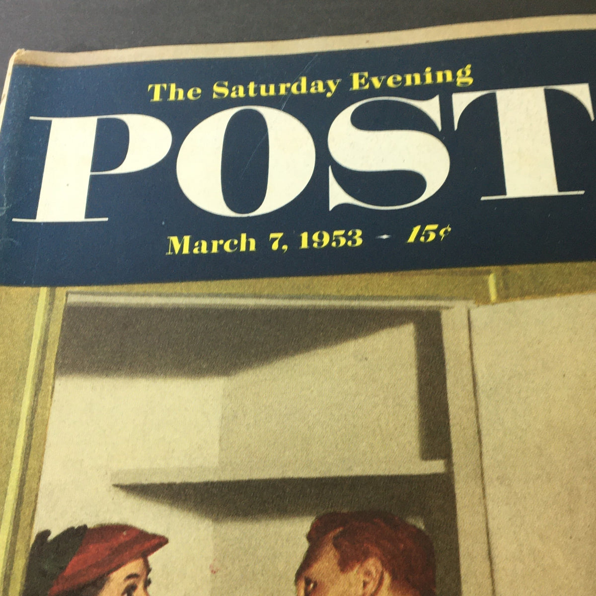Close-up of the vintage cover of The Saturday Evening Post March 7, 1953, displaying the magazine title and date.