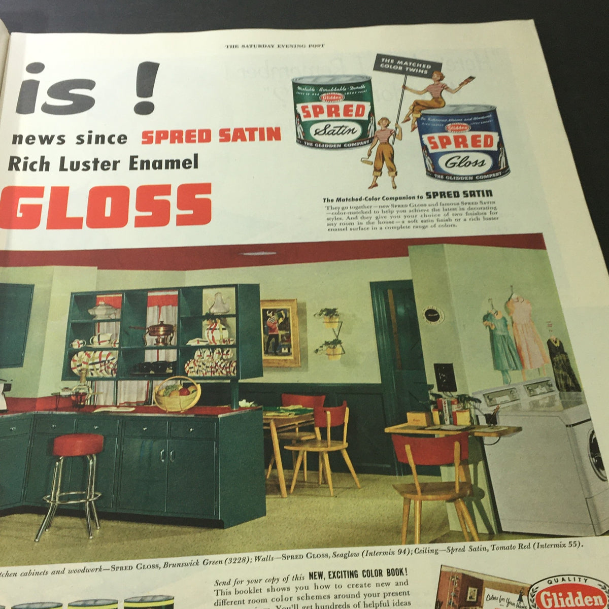 Another advertisement for Spred Gloss paint from The Saturday Evening Post, March 7, 1953, showing a kitchen setting and highlighting the paint's features, reflecting home decor trends of the era.