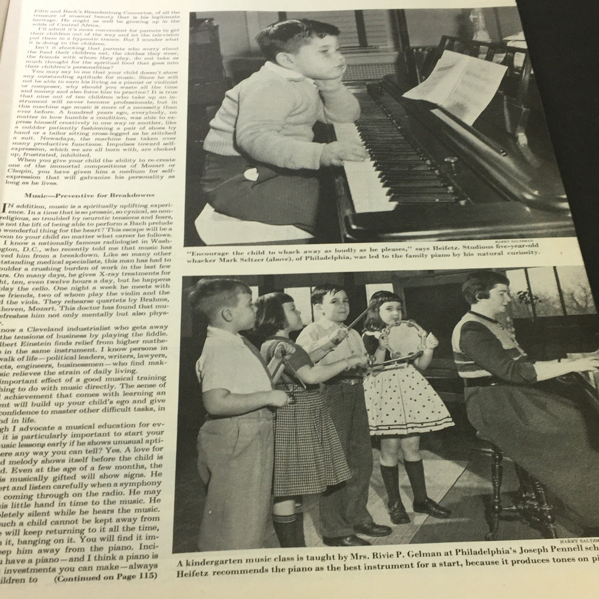 Child music class image from The Saturday Evening Post, March 7, 1953, featuring a young boy at a piano and children participating in a kindergarten music lesson, promoting early music education.