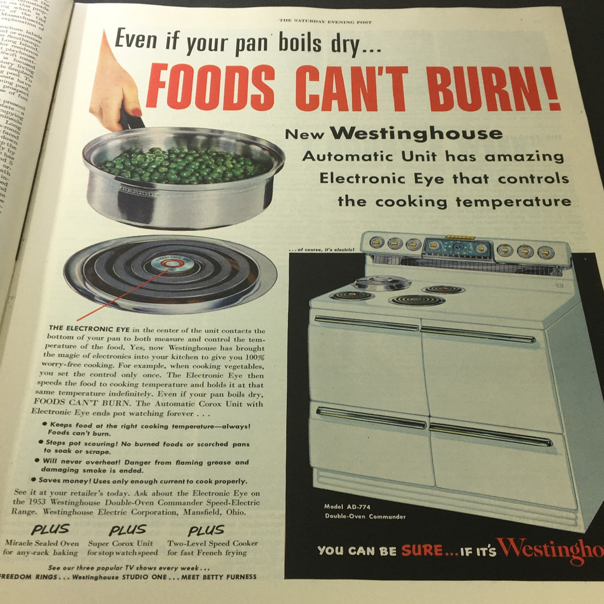 Vintage The Saturday Evening Post March 7, 1953 advertisement for Westinghouse appliances highlighting features of the automatic cooking range.