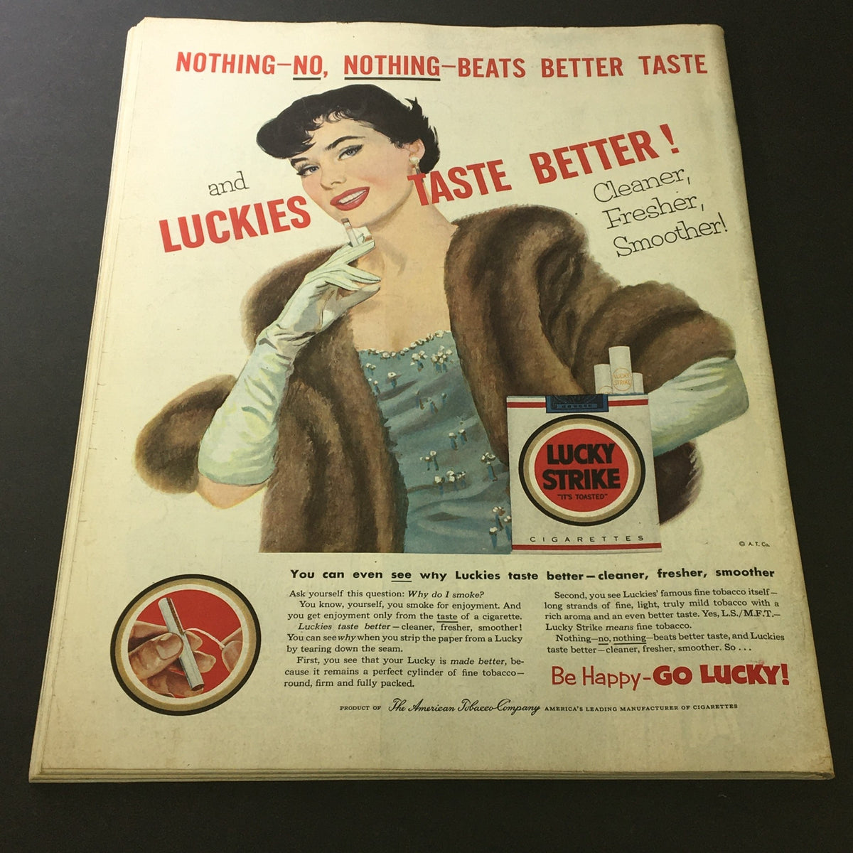 Vintage The Saturday Evening Post March 7, 1953 featuring a glamorous woman promoting Lucky Strike cigarettes with a tagline emphasizing better taste and quality.