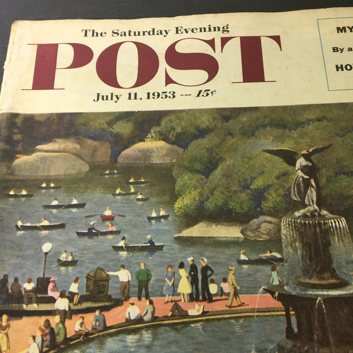 Close-up of the July 11, 1953 cover of The Saturday Evening Post, highlighting a serene lake scene with boats and lush greenery.