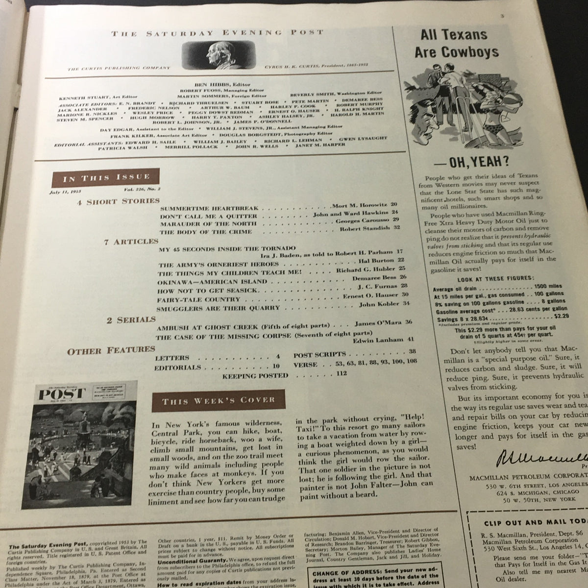 Inside page of The Saturday Evening Post, July 11, 1953, showing the table of contents with articles, including 'My 45 Seconds Inside The Tornado'.