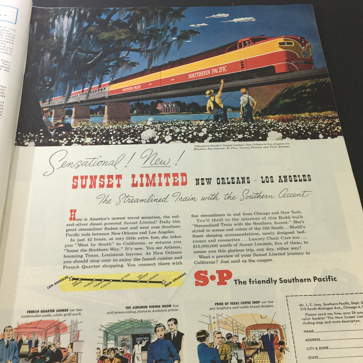 Advertisement page in VTG The Saturday Evening Post August 26 1950 promoting the Sunset Limited train route from New Orleans to Los Angeles.