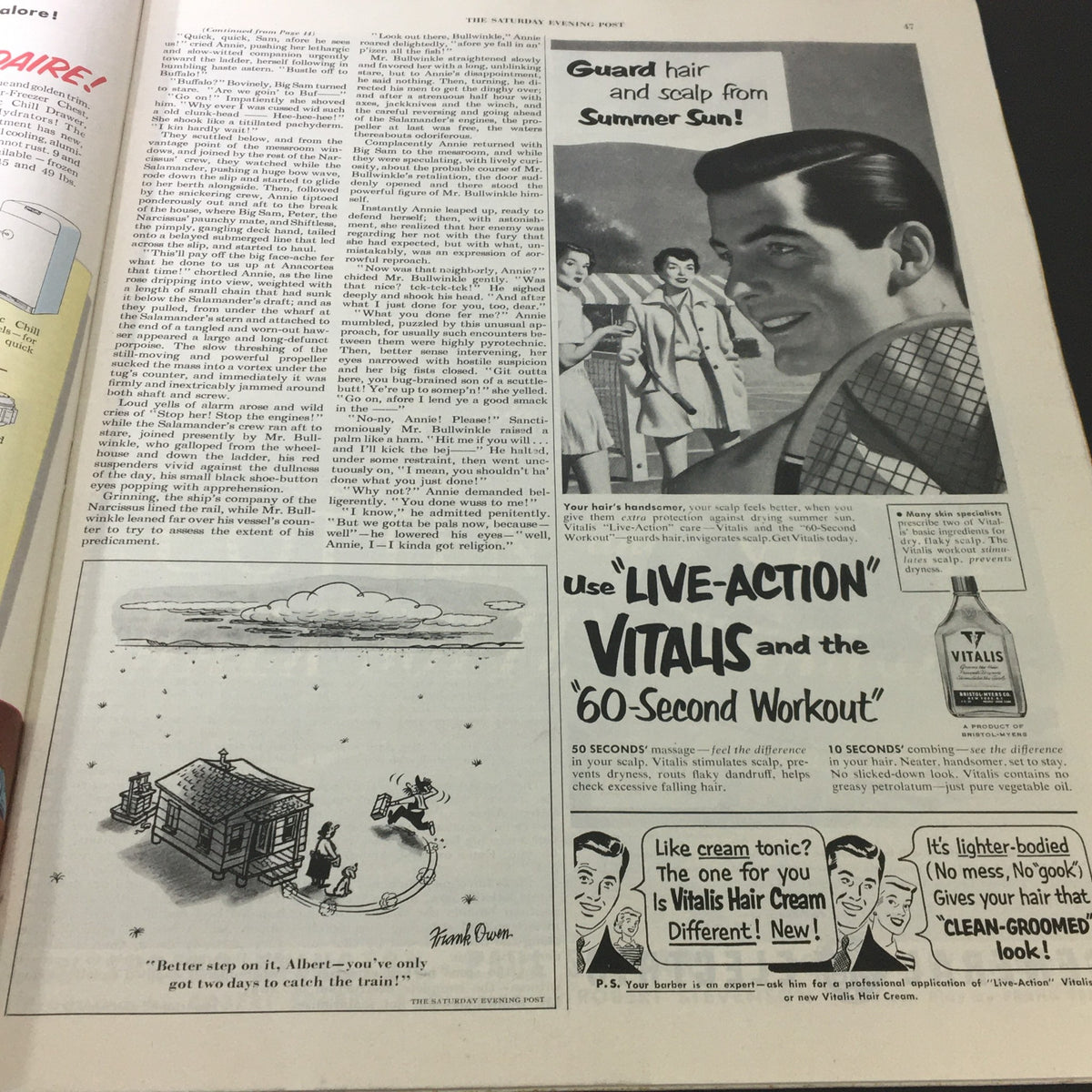 A vintage advertisement for Vitalis hair product alongside an illustrated scenario in VTG The Saturday Evening Post August 26 1950 showcasing summer hair care.