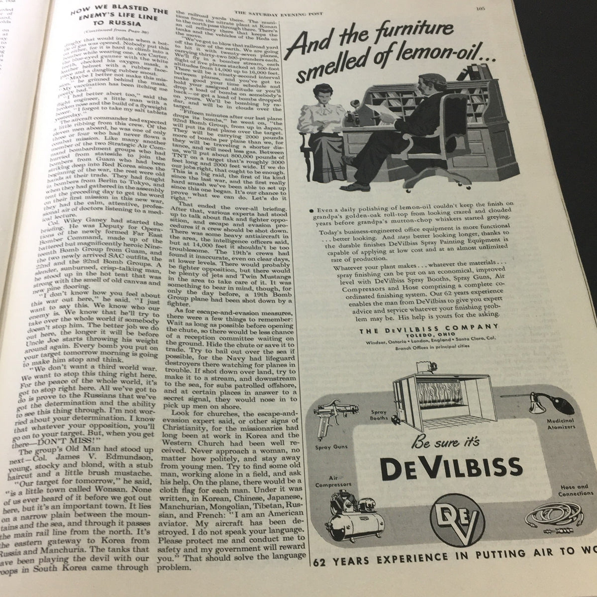Article page discussing how the U.S. dealt with espionage in Russia, with an advertisement by DeVilbiss Company in VTG The Saturday Evening Post August 26 1950.
