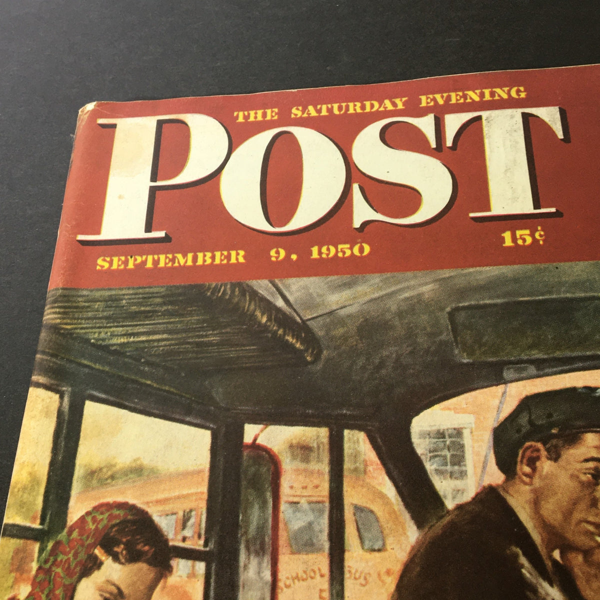 Close-up of the title and date on the cover of VTG The Saturday Evening Post September 9 1950, highlighting the publication year and price.