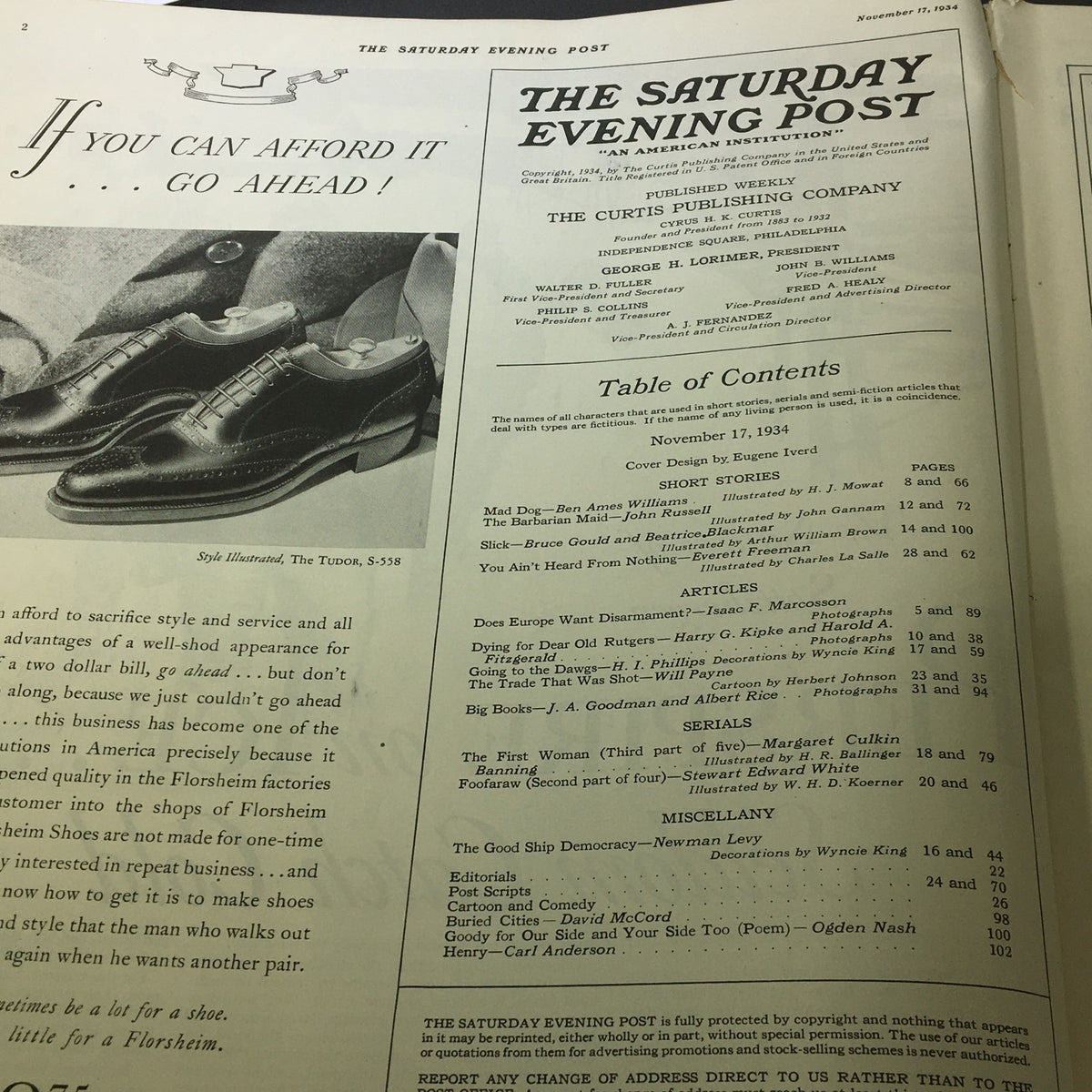 Inside page of VTG The Saturday Evening Post November 17 1934 featuring shoe advertisement and table of contents.