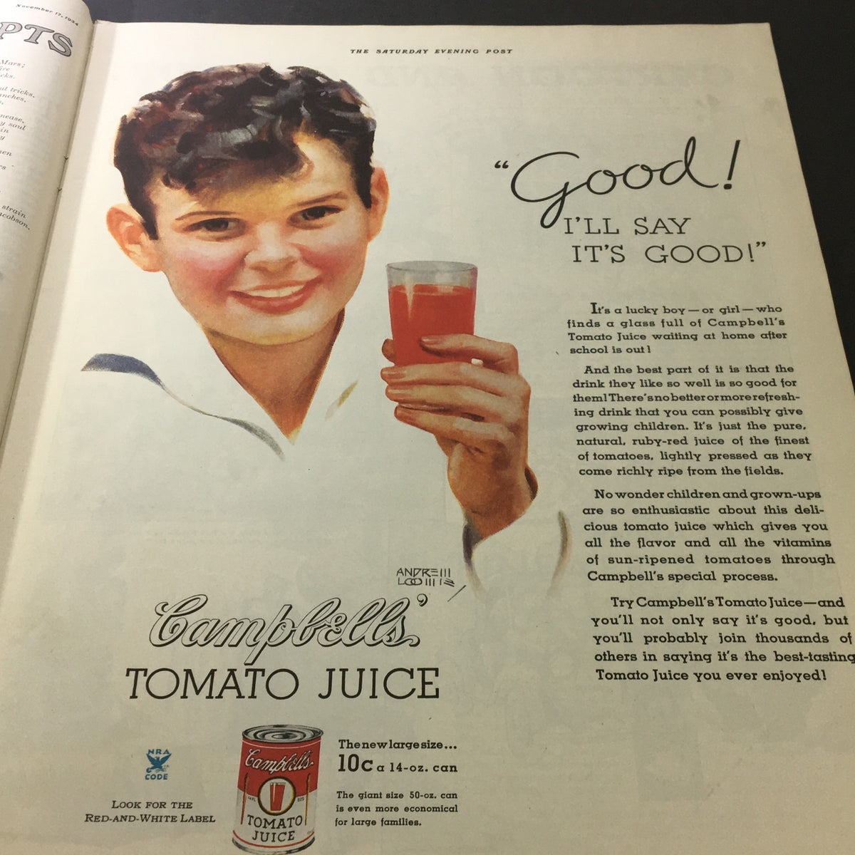 Advertisement page from VTG The Saturday Evening Post November 17 1934 featuring a smiling boy holding a glass of Campbell's Tomato Juice.