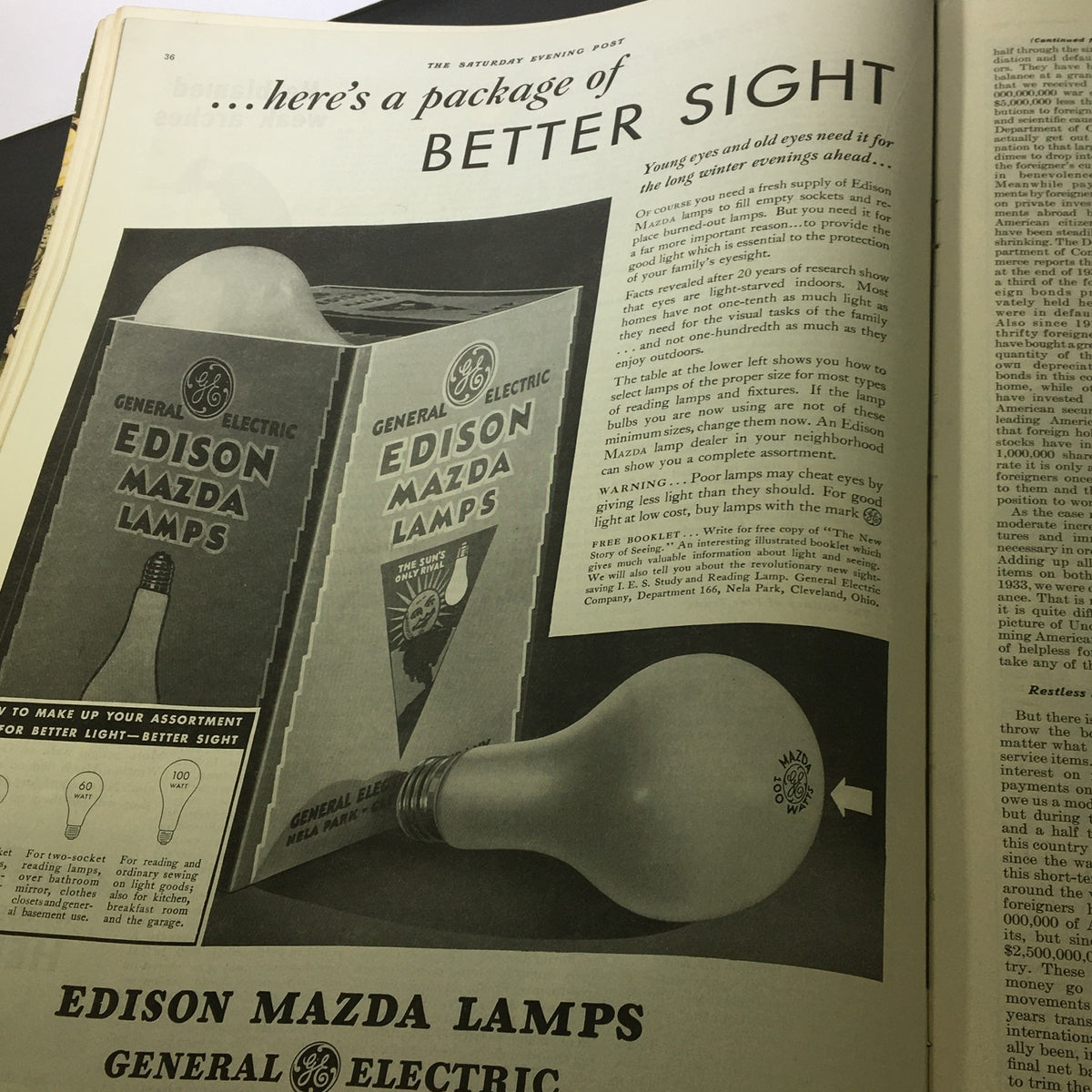 Advertisement for Edison Mazda Lamps featured in VTG The Saturday Evening Post November 17, 1934, detailing benefits of proper lighting for eyes.