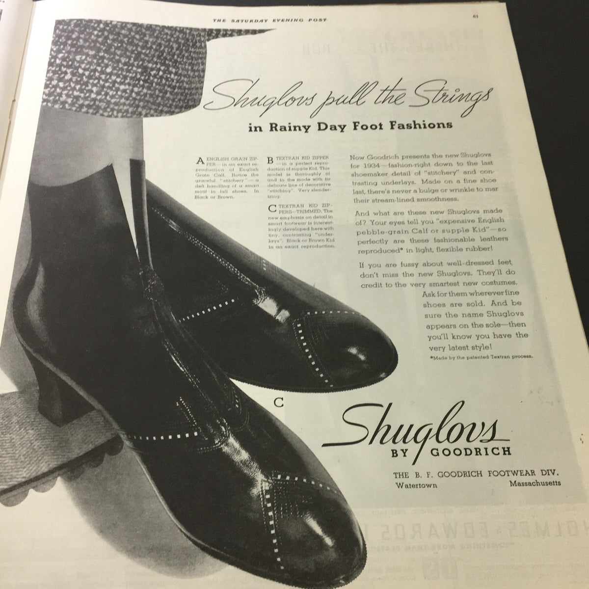 Fashion advertisement for Shuglovs by Goodrich, showcasing stylish footwear for rainy days in VTG The Saturday Evening Post November 17, 1934.