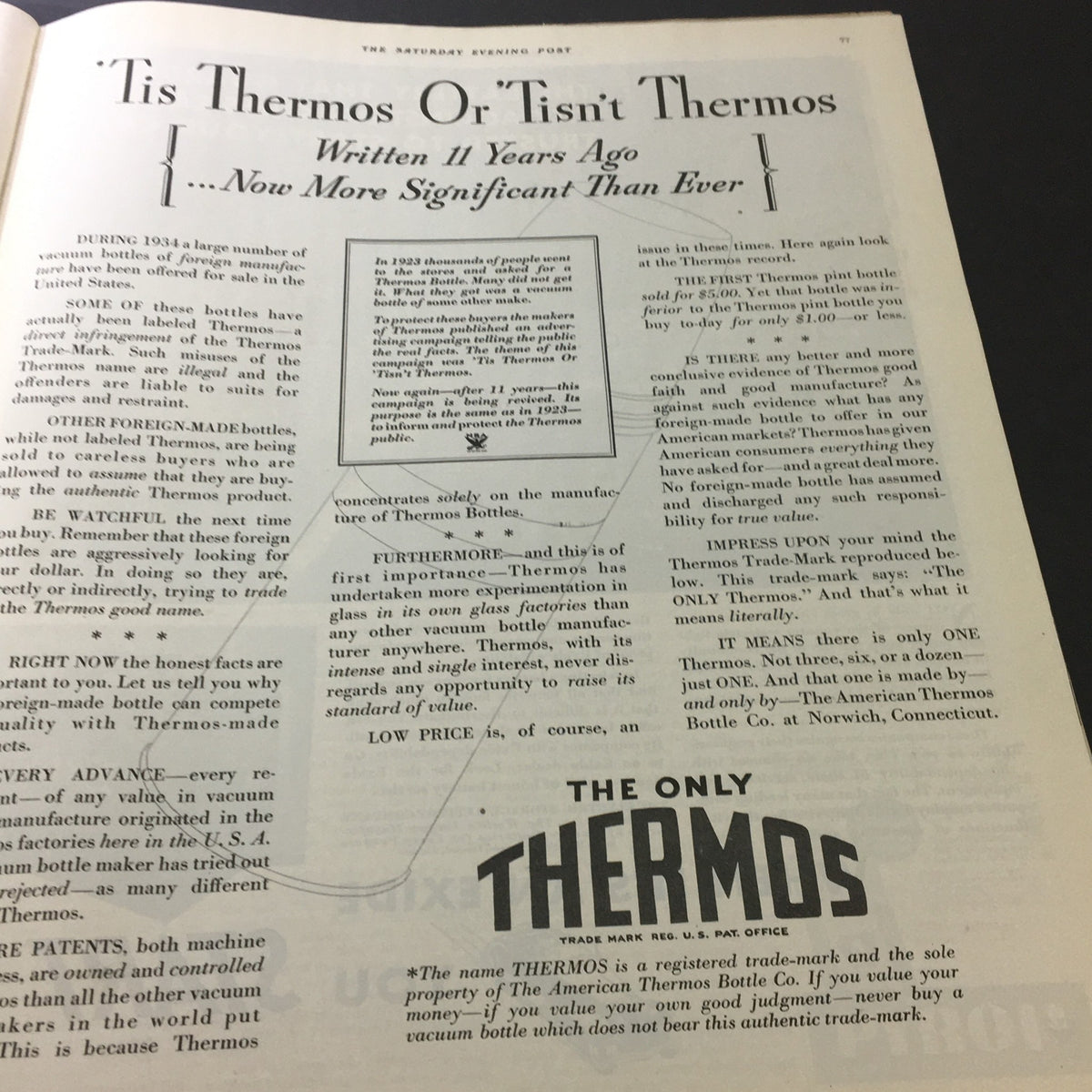 Article discussing the significance of Thermos bottles, originally published in VTG The Saturday Evening Post November 17, 1934.