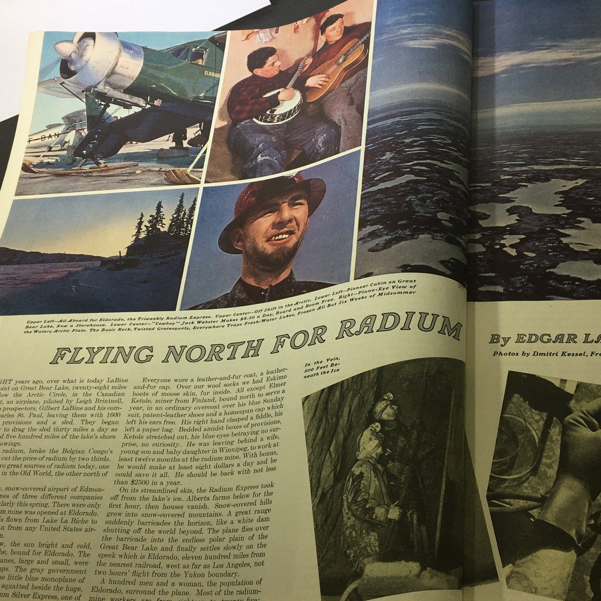 Image showcasing the article titled 'Flying North for Radium' from VTG The Saturday Evening Post July 23 1938, featuring a series of photos related to radium exploration and Arctic imagery.