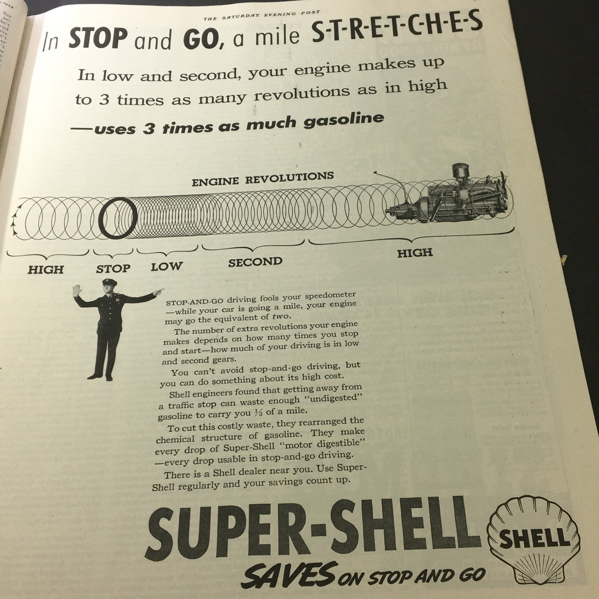 Image depicting the advertisement in VTG The Saturday Evening Post July 23 1938, promoting Super-Shell gasoline with illustrations explaining engine efficiencies in stop-and-go driving.