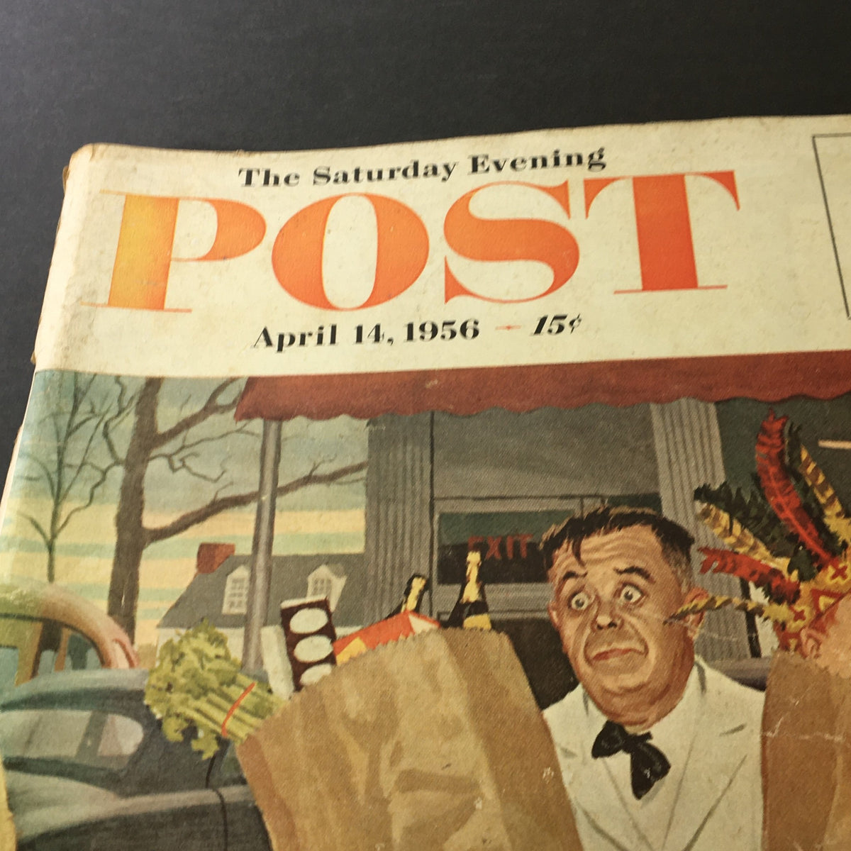 Close-up shot of the Saturday Evening Post April 14, 1956 cover showcasing the title 'My Life in Bellevue' and artistic details of the cover design.