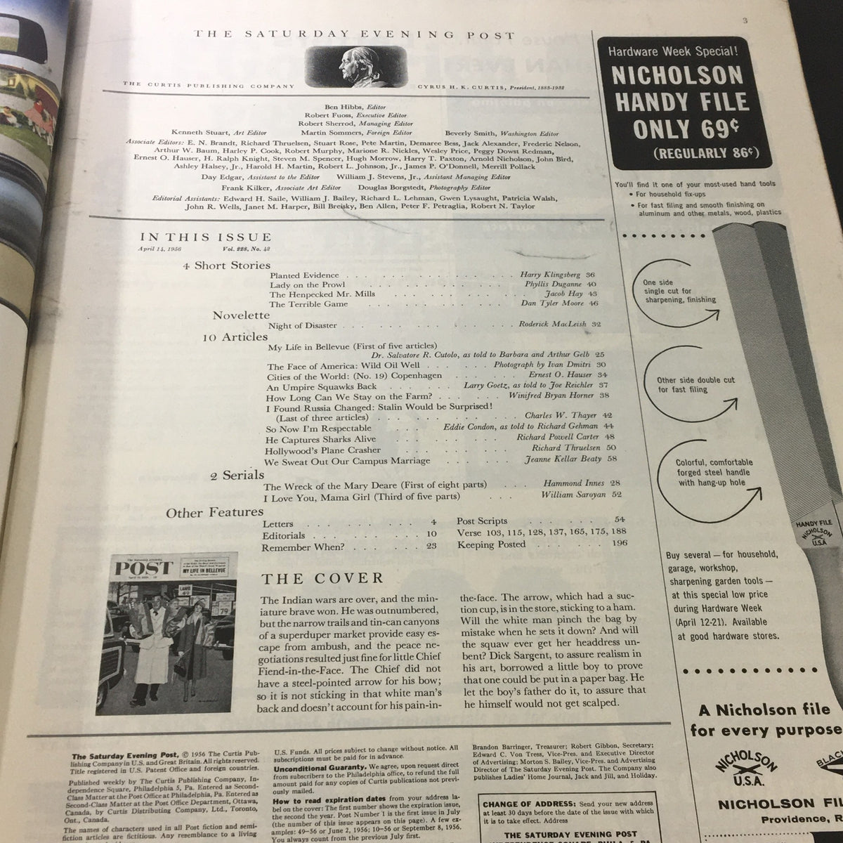 Inside page of the Saturday Evening Post April 14, 1956 listing contents, including 'My Life in Bellevue' and other features of the magazine.