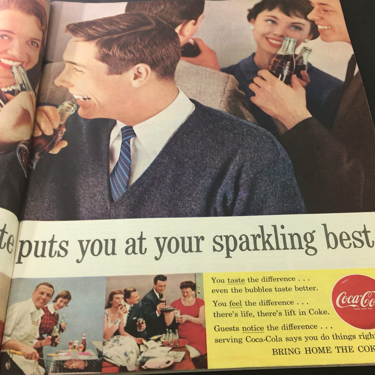 Saturday Evening Post April 14, 1956 advertisement featuring a group of friends enjoying Coca-Cola, emphasizing the drink's refreshing qualities and social aspect.