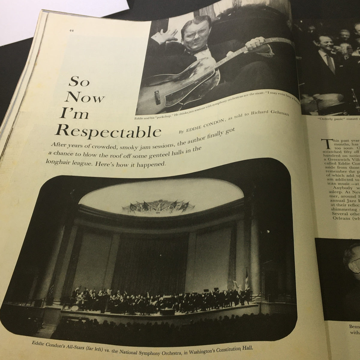 Saturday Evening Post April 14, 1956 article titled 'So Now I’m Respectable' by Eddie Condon, featuring a photo of the author performing with an orchestra, emphasizing his musical journey.