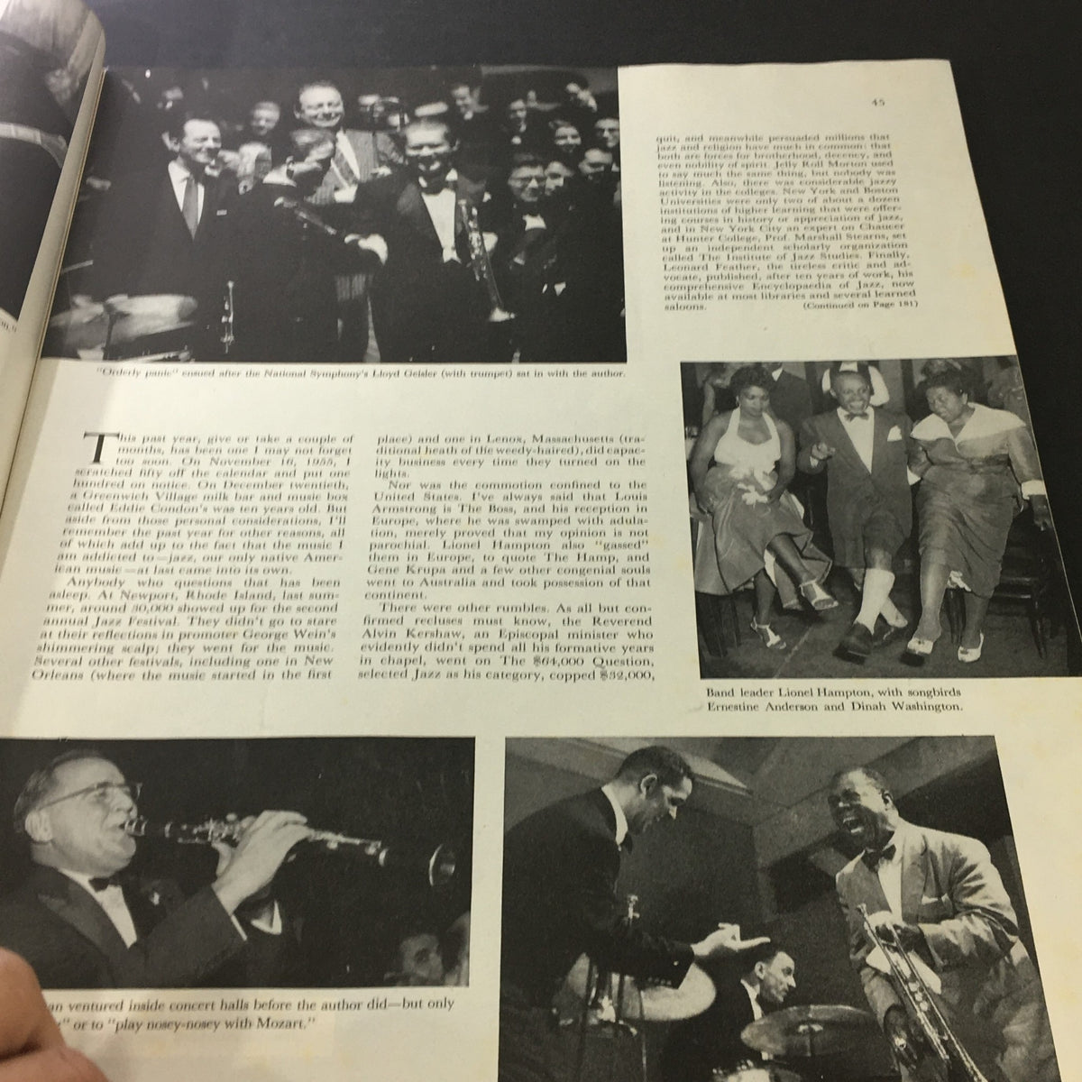 Inside pages of VTG The Saturday Evening Post April 14 1956 featuring jazz musicians and a lively atmosphere depicting American cultural history.