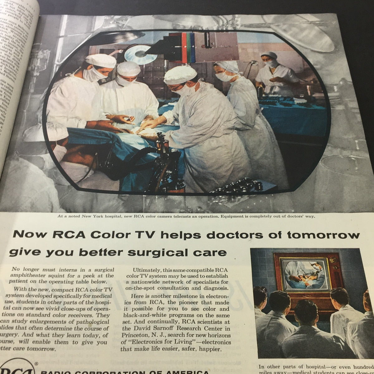 RCA Color TV advertisement in VTG The Saturday Evening Post April 14 1956 emphasizing advancements in surgical technology during the era.
