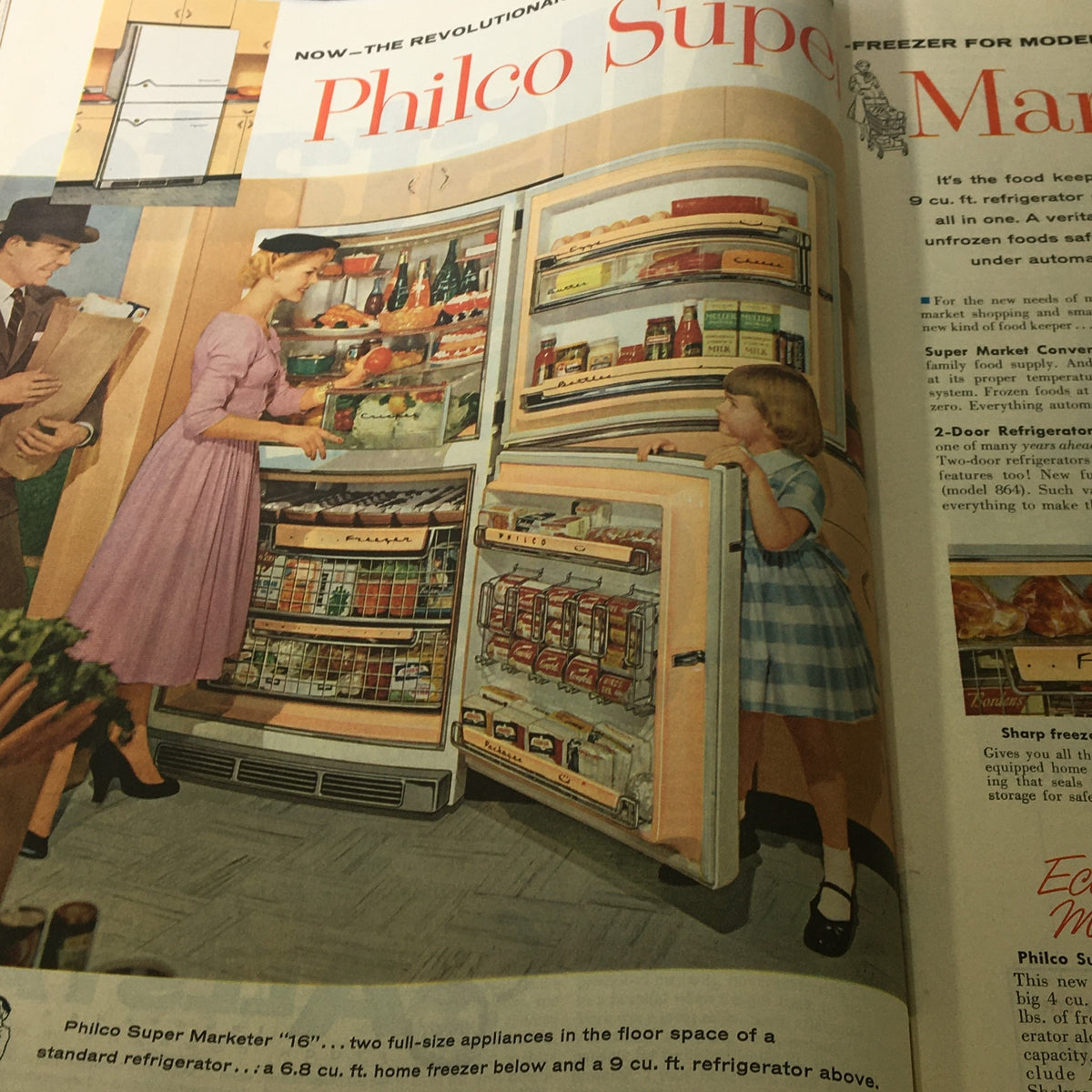 Philco Super Marketer advertisement from VTG The Saturday Evening Post April 14 1956 highlighting a refrigerator and freezer design of the 1950s.