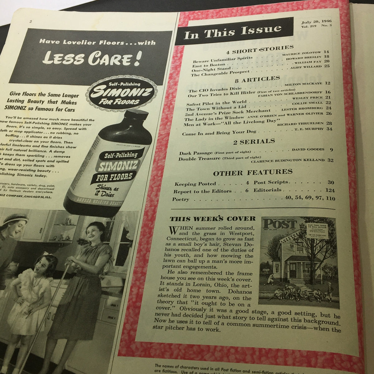 Contents page of The Saturday Evening Post, July 20, 1946, highlighting articles and features including 'The CIO Invades Dixie'.