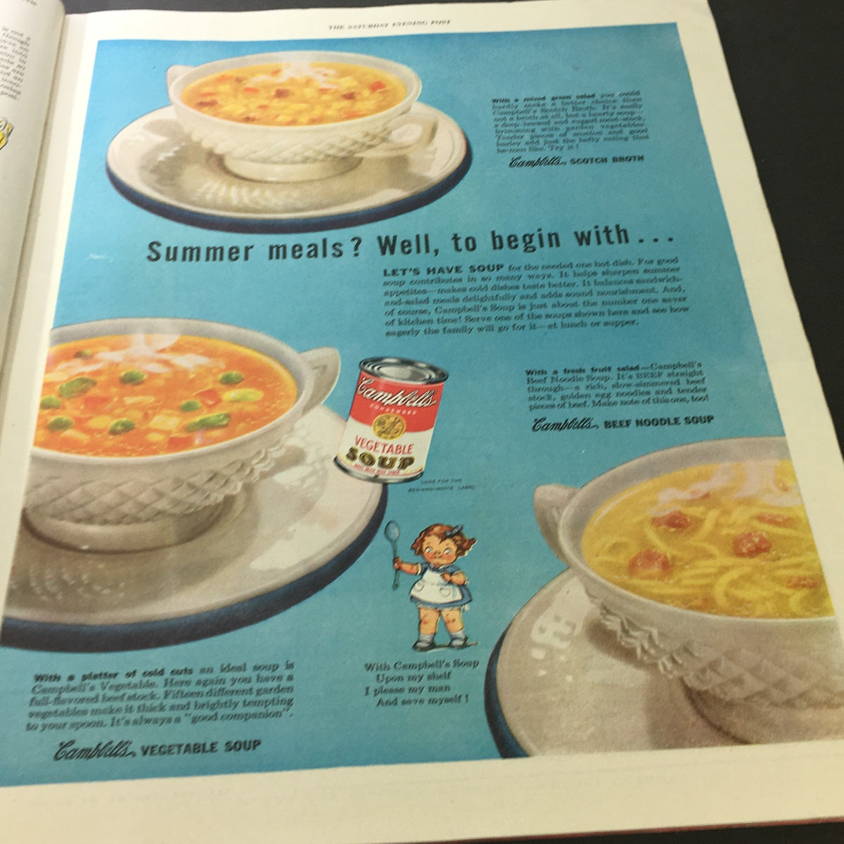 Advertisement for Campbell's Soup from The Saturday Evening Post, July 20, 1946, displaying various soup dishes.