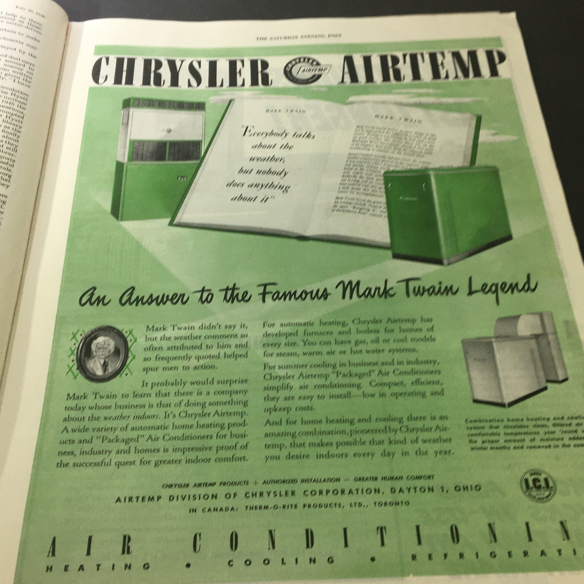 Advertisement for Chrysler Airtemp from The Saturday Evening Post, July 20, 1946, promoting air conditioning and heating solutions.