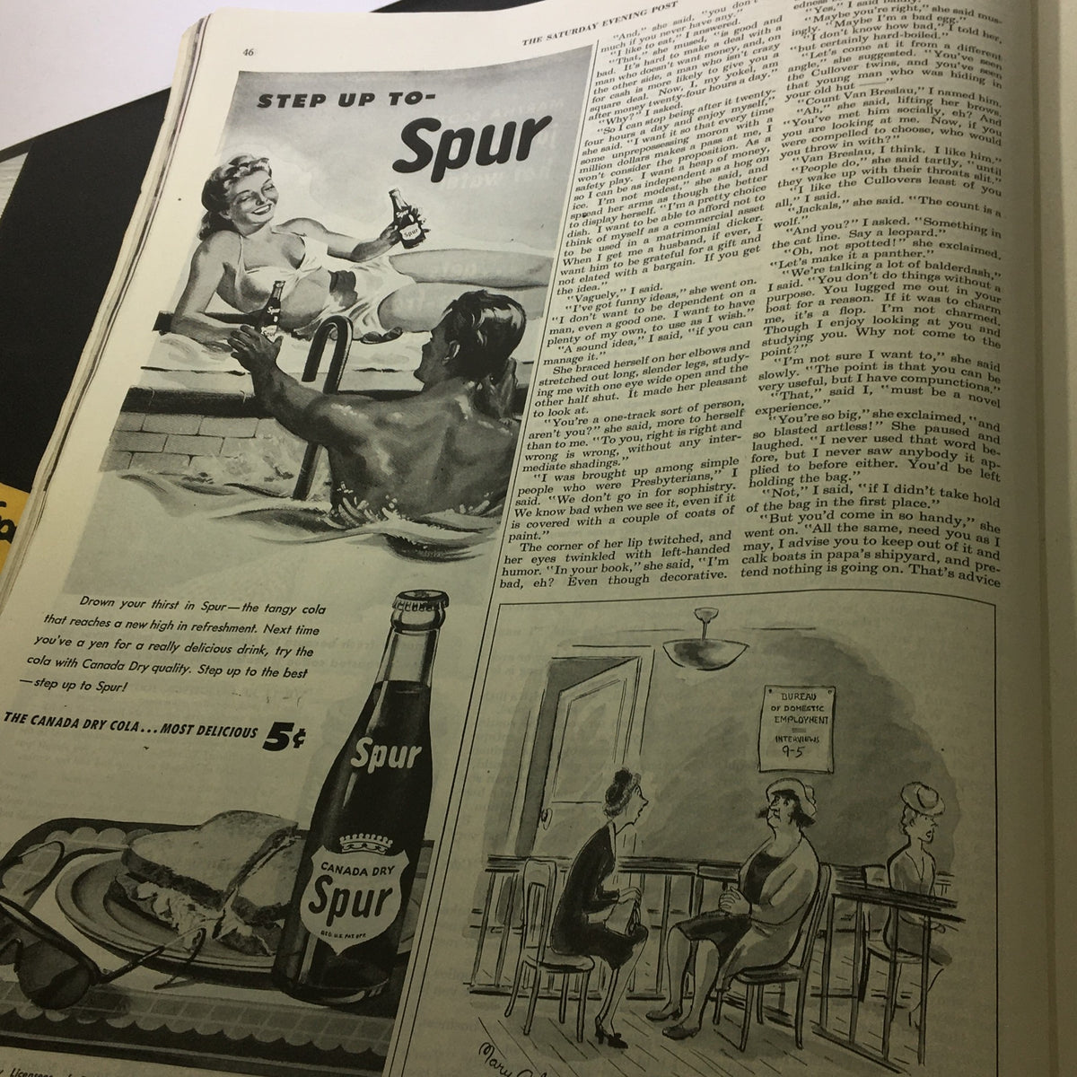 Vintage The Saturday Evening Post July 20 1946 featuring the advertisement 'Step Up to Spur' showcasing a refreshing cola drink, with a couple enjoying leisurely moments in a spa setting.
