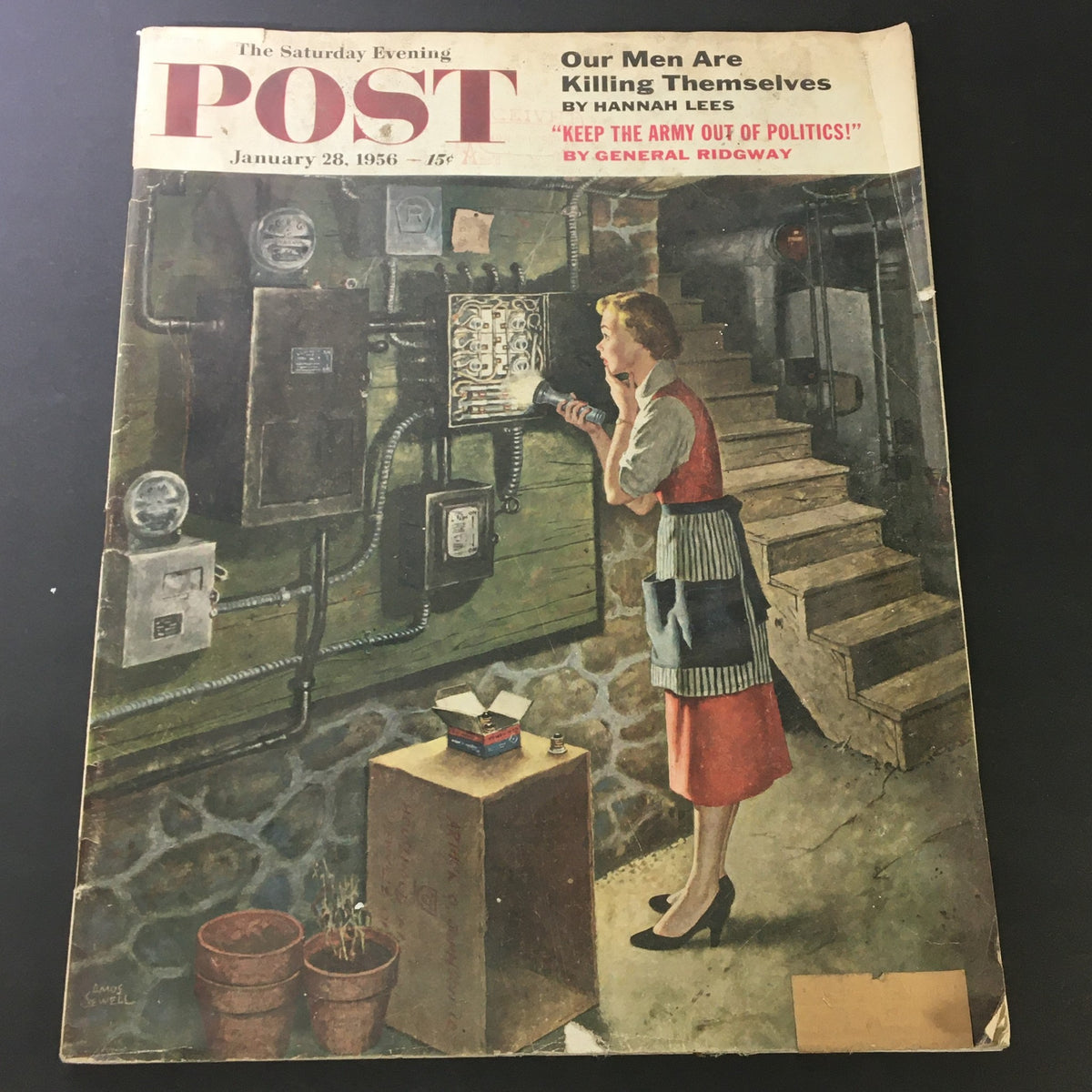 Vintage magazine cover of The Saturday Evening Post from January 28, 1956, featuring the title 'Keep Army Out of Politics' and an illustration of a woman in a basement with electrical equipment.