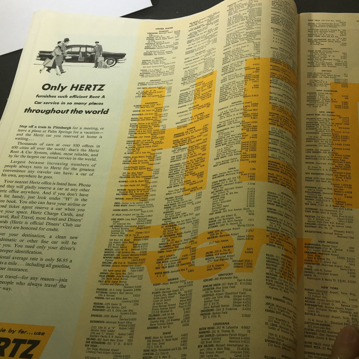 Vintage advertisement from VTG The Saturday Evening Post January 28 1956 promoting Hertz car rental services, showcasing 1950s travel options.